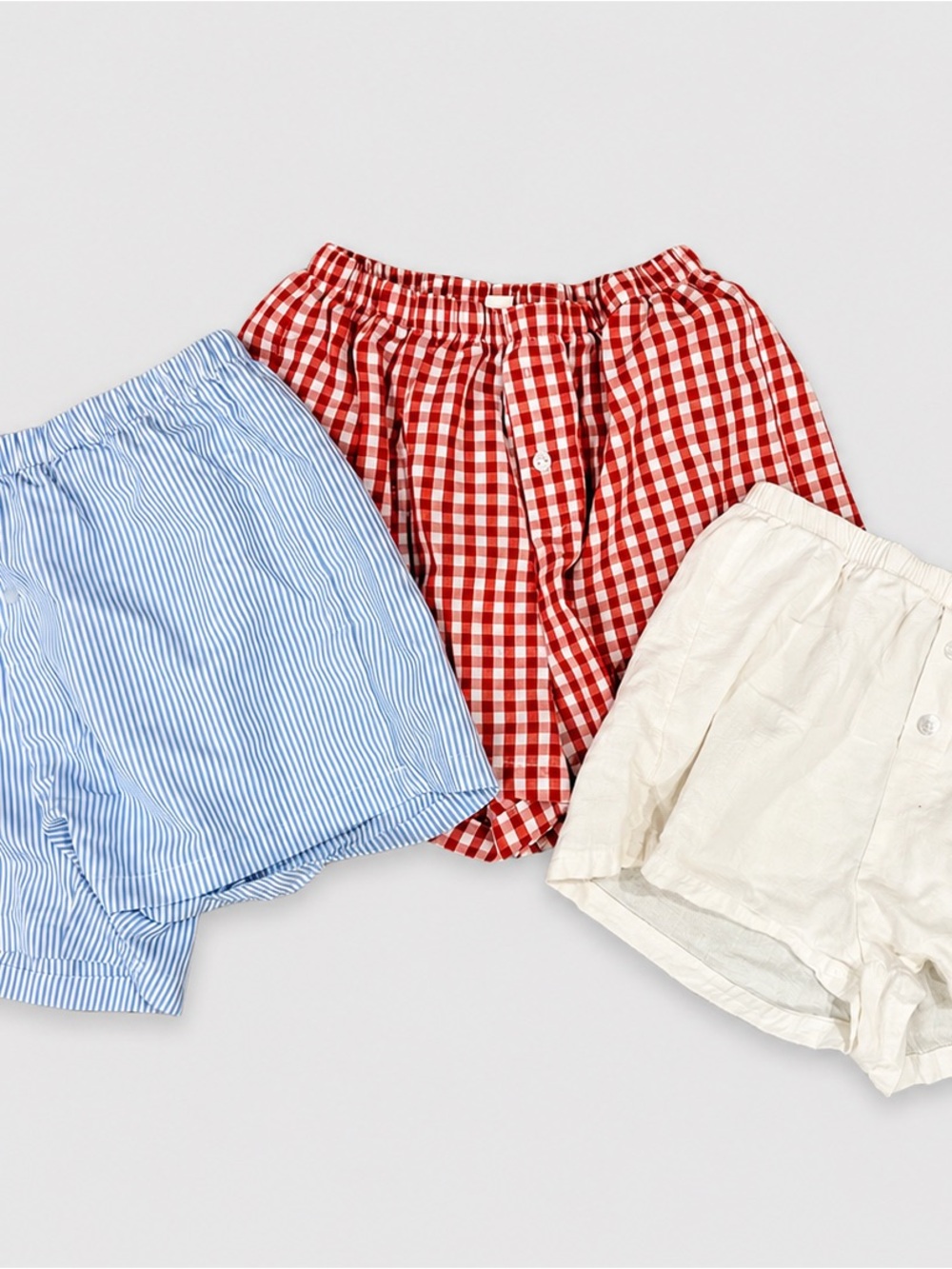 Women's Cotton Boxer Shorts Trio - Red Gingham, Blue Stripe, Cream